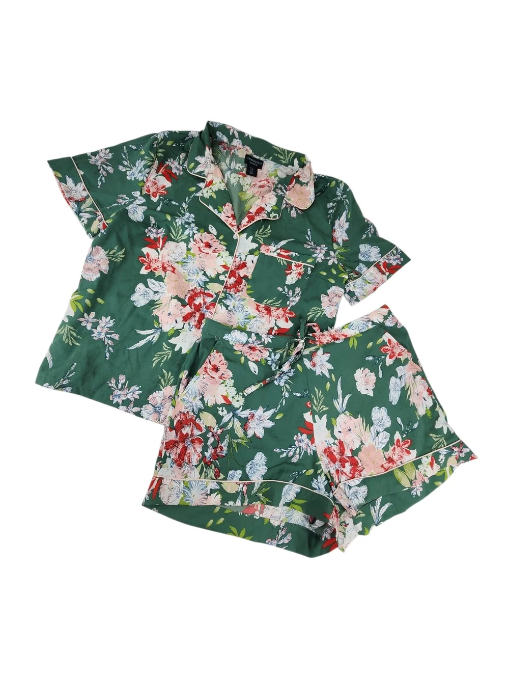 Cynthia Rowley 2-Piece Pajama Set  Med Green Pink Floral Silky Shorts PJs Resort